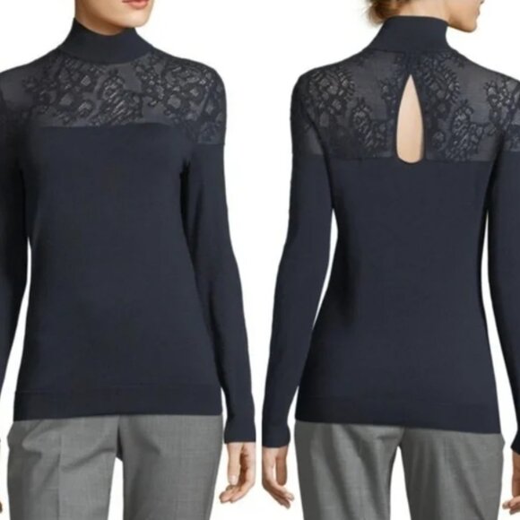 Lafayette 148 New York Silk Sweater Lace Keyhole Turtleneck Knit Top - Picture 1 of 15